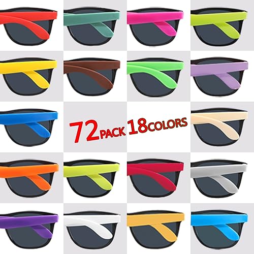 Miniatura 2 de Paquete de 72 lentes de sol a granel para fiestas, 18 colores de gafas de sol de neón a granel para adultos y niños, gafas de sol estilo 80 para