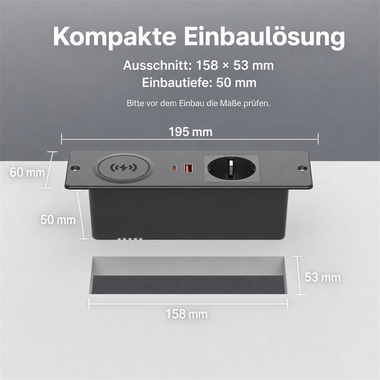 Einbausteckdose mit 15W Wireless Charger, USB-C PD 20W & Schuko, Schwarz | Kompakte 4-in-1 Lösung mit Schuko, USB-C PD 20W, USB-A 18W und 15W kabellosem Laden für Schreibtisch und Möbel.