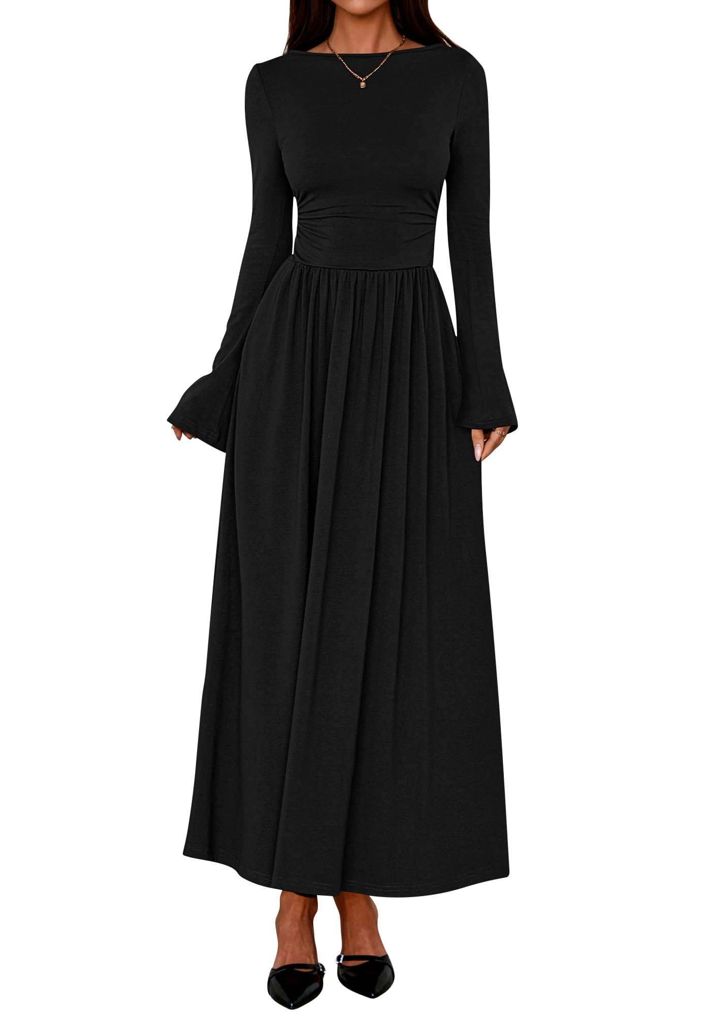 BTFBM Long Sleeve Maxi Dresses for Women 2025 Fall Casual Ruched Boat Neck Flowy Elegant Formal Wedding Guest