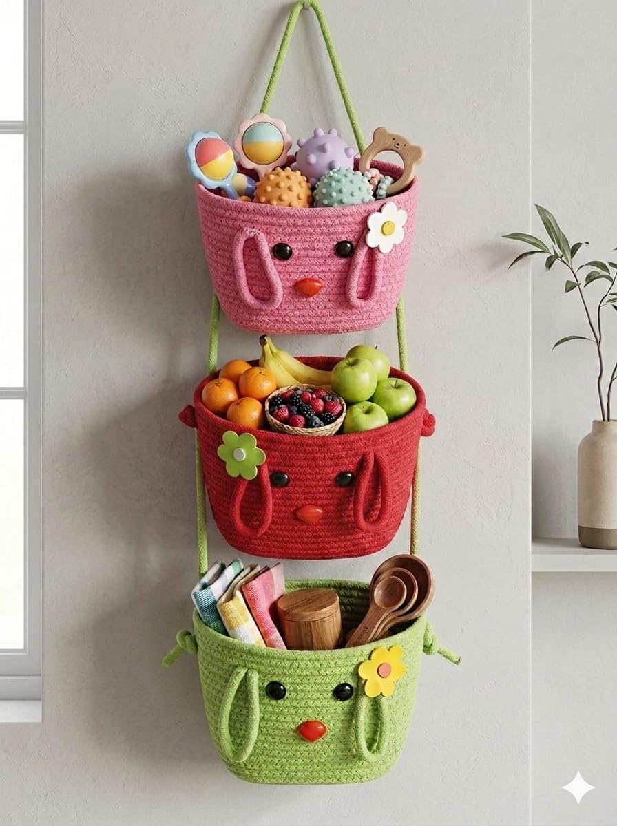 3 Tier Hanging Storage Basket Set (10 x 7 x 4 Inch Each) | Cute Rabbit Design Cotton Rope Wall Organizer | Organizer for Nursery, Bathroom, Bedroom, Kitchen Pink, Red & Green | Pack of 3-image-18