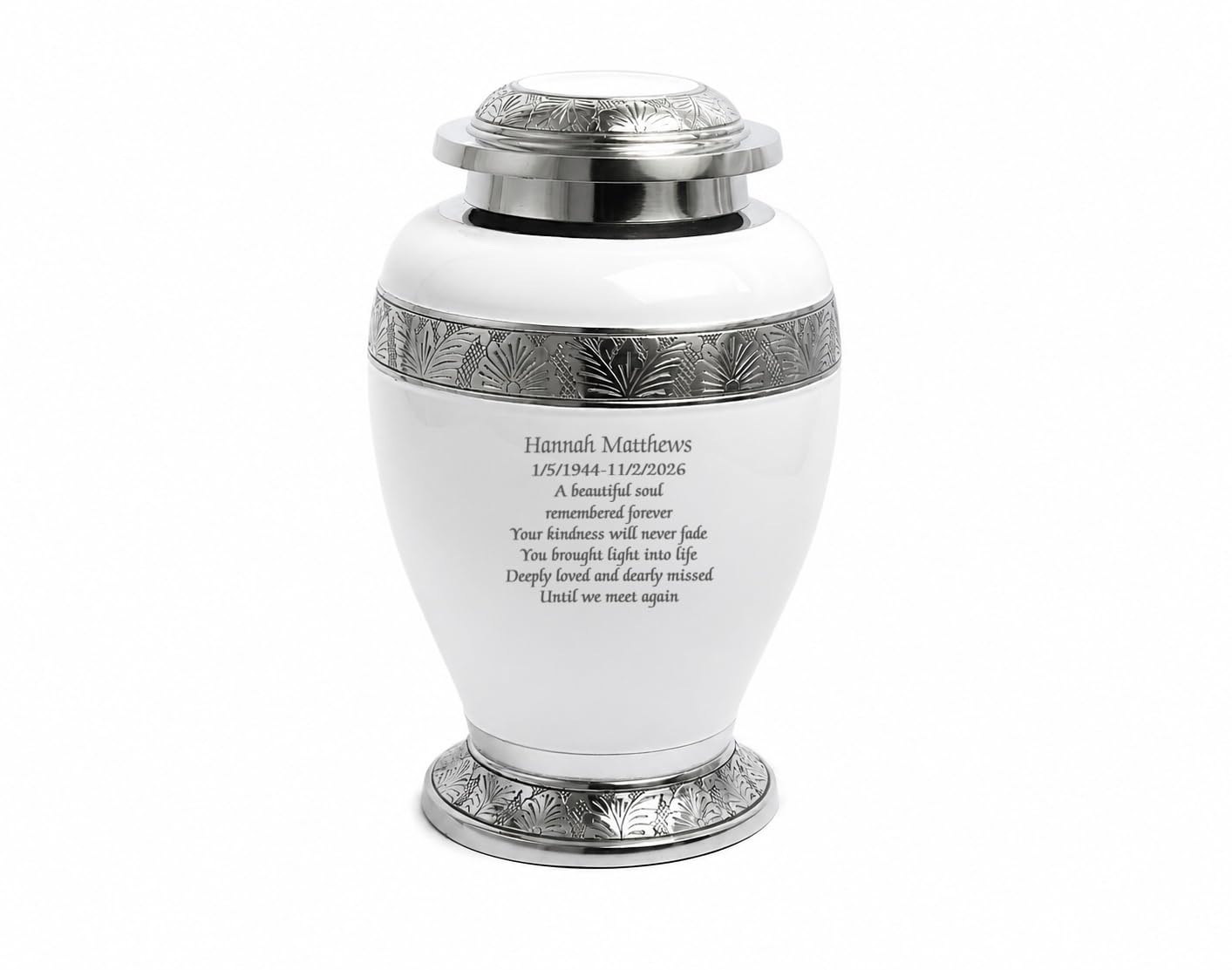 Aluminium Cremation Urn for Human Ashes – Adult Large Size Funeral Memorial Keepsake – Secure and Dignified Resting Place Holds Approx. 90kg or 14 Stone Body Ashes (Personalised- White and silver) — image 1