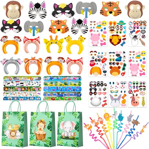Bracelets gonflables jungle et masques animaux dans un lot de 60 sacs cadeaux pour anniversaire