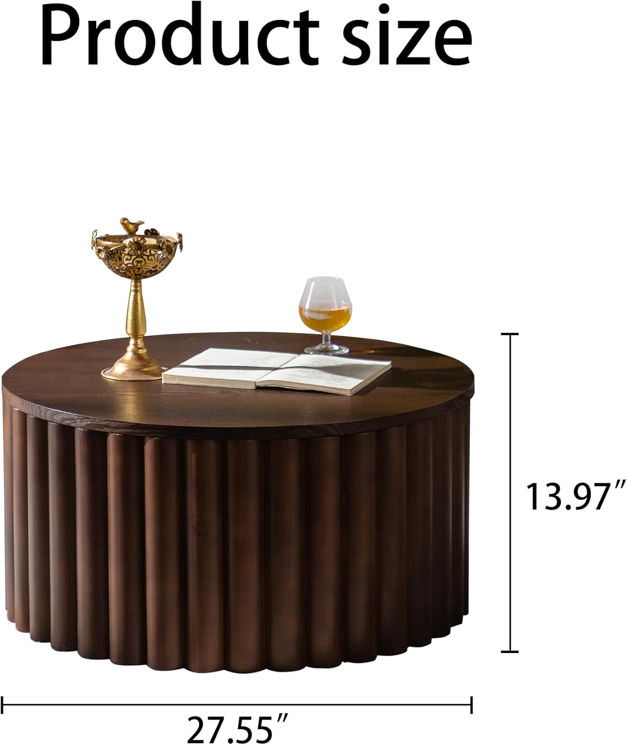 kevinplus ø27.55'' Round Lift Top Coffee Table with Hidden Storage Space, Modern Drum Handcraft Wood Fluted Coffee Table for Living Room, No, Assembly, Walnut