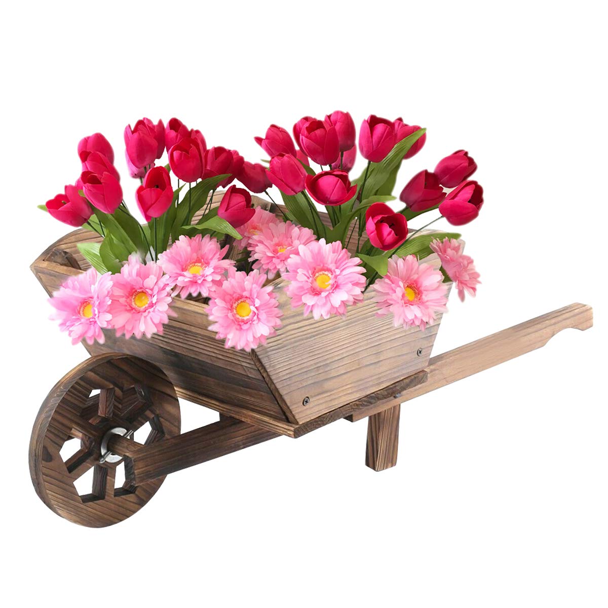 Crystals Garden Modern Wooden Wheel Barrow Planter Burnt Wood Flower CART Ornamental Pot, Decorative Touch for Garden, Flower Bed, Patio OR Balcony
