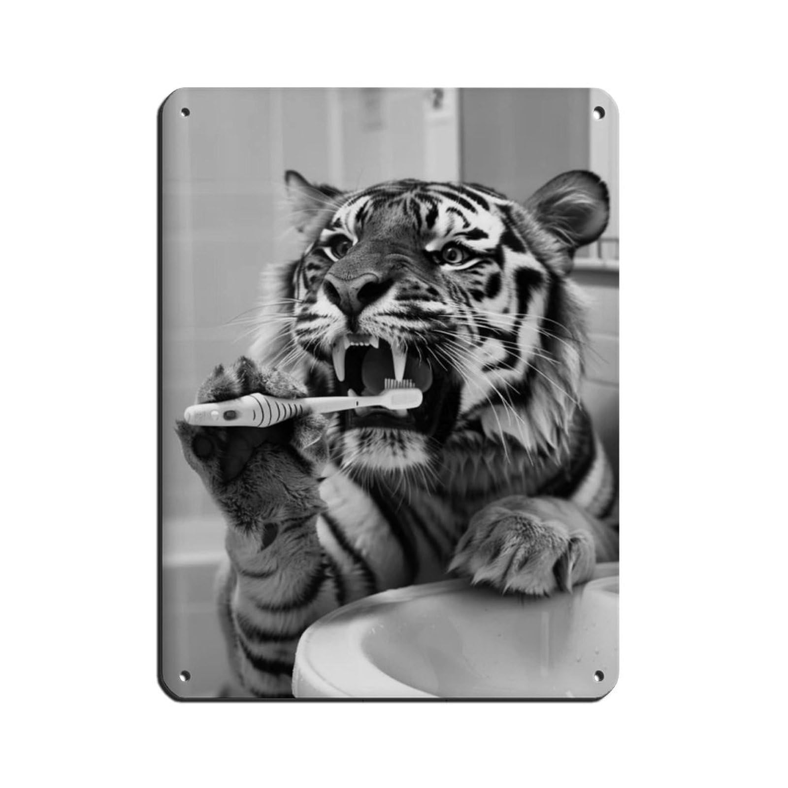 Funny Bathroom Art, Tiger Brushing Teeth Retro Poster Metal Tin Sign Chic Art Retro Iron Painting Bar People Cave Cafe Family Garage Poster Wall Decoration 12x16inch(30x40cm)