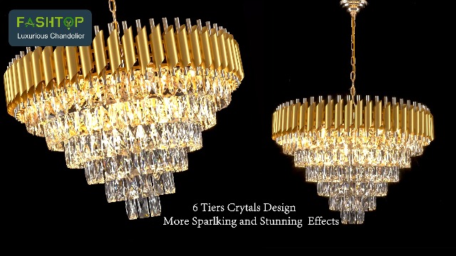 Fashtop K9 6-Tiers Modern Gold Crystal Chandelier 30