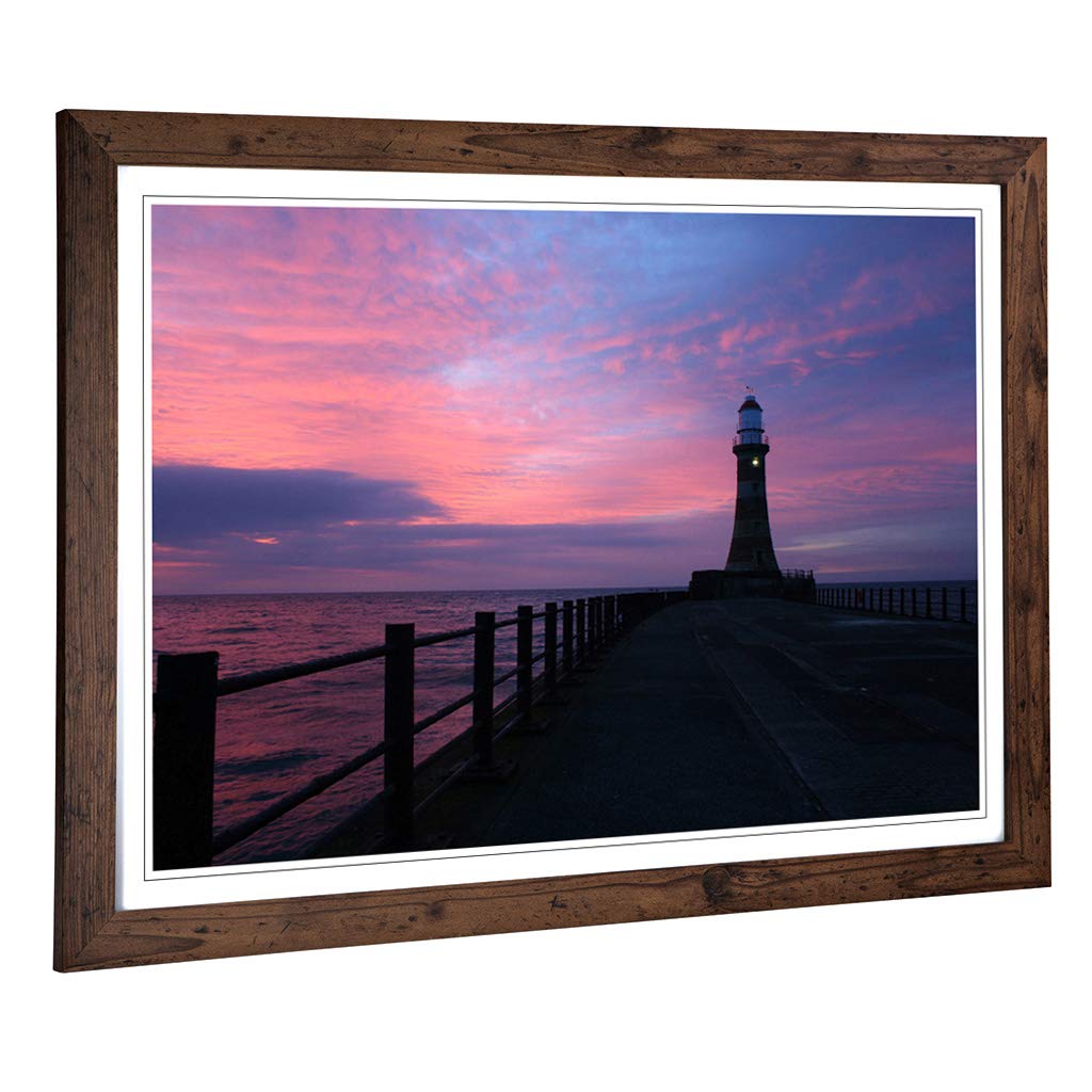 Big Box Art Framed Print of Seascape Pier Jetty Sea Lighthouse Design | Wall Art Picture | Home Decor for Kitchen, Living Room, Bedroom, Hallway, Walnut, A2 / 24.5x18 Inch / 62x45cm
