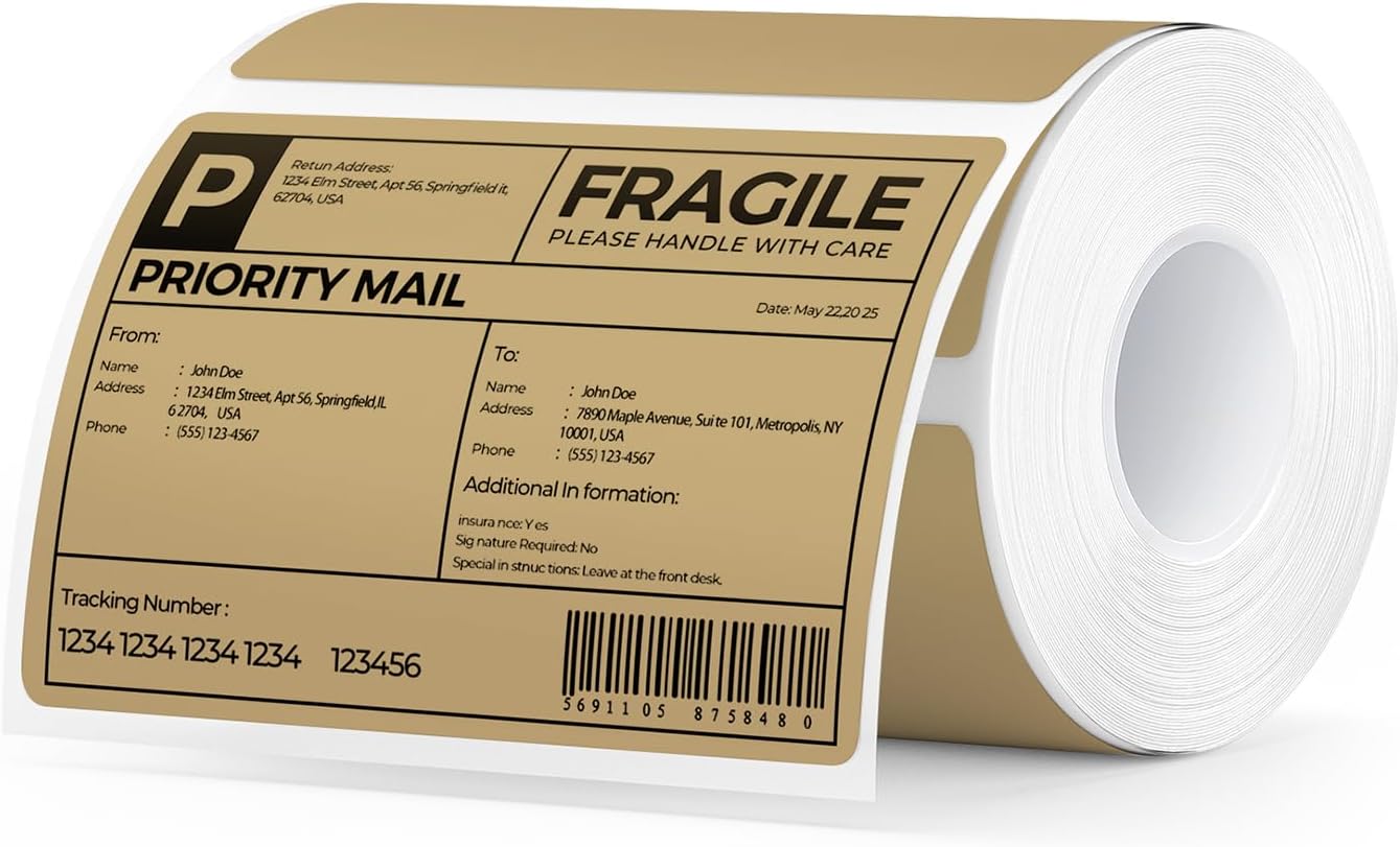 MUNBYN 4” X 3” Direct Thermal Labels, Thermal Printer Stickers, Strong Adhesive, Labels Paper for Mailing, Barcode, 500 Sheets/1 Roll, Brown