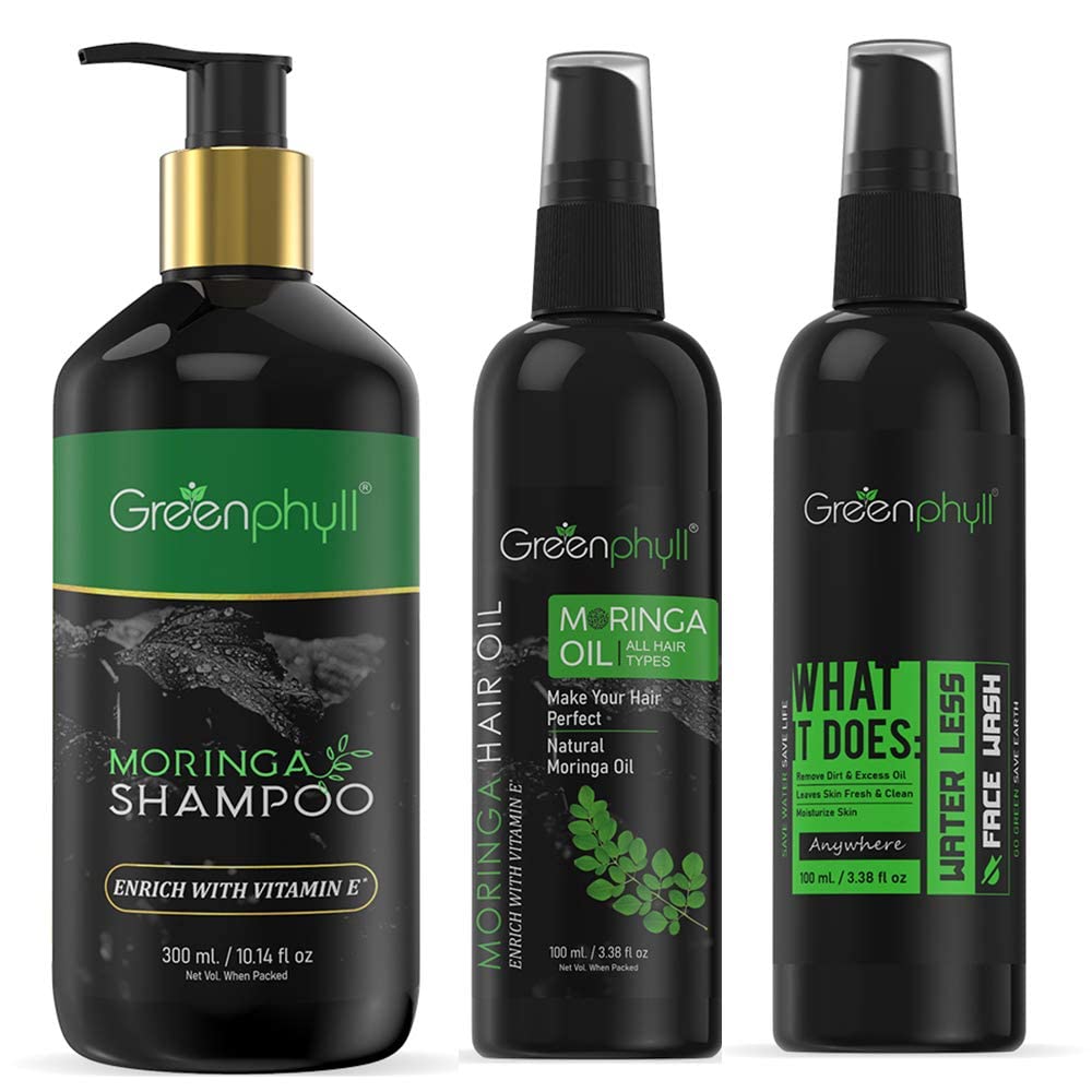 GREENPHYLLMoringa Hair Oil for Hair Fall Control - 100 ml, Moringa Shampoo for Dry & Rough Hair - 300 ml & Waterless Face wash removes Oil & Dirt - 100 ml (Combo Pack of 3)