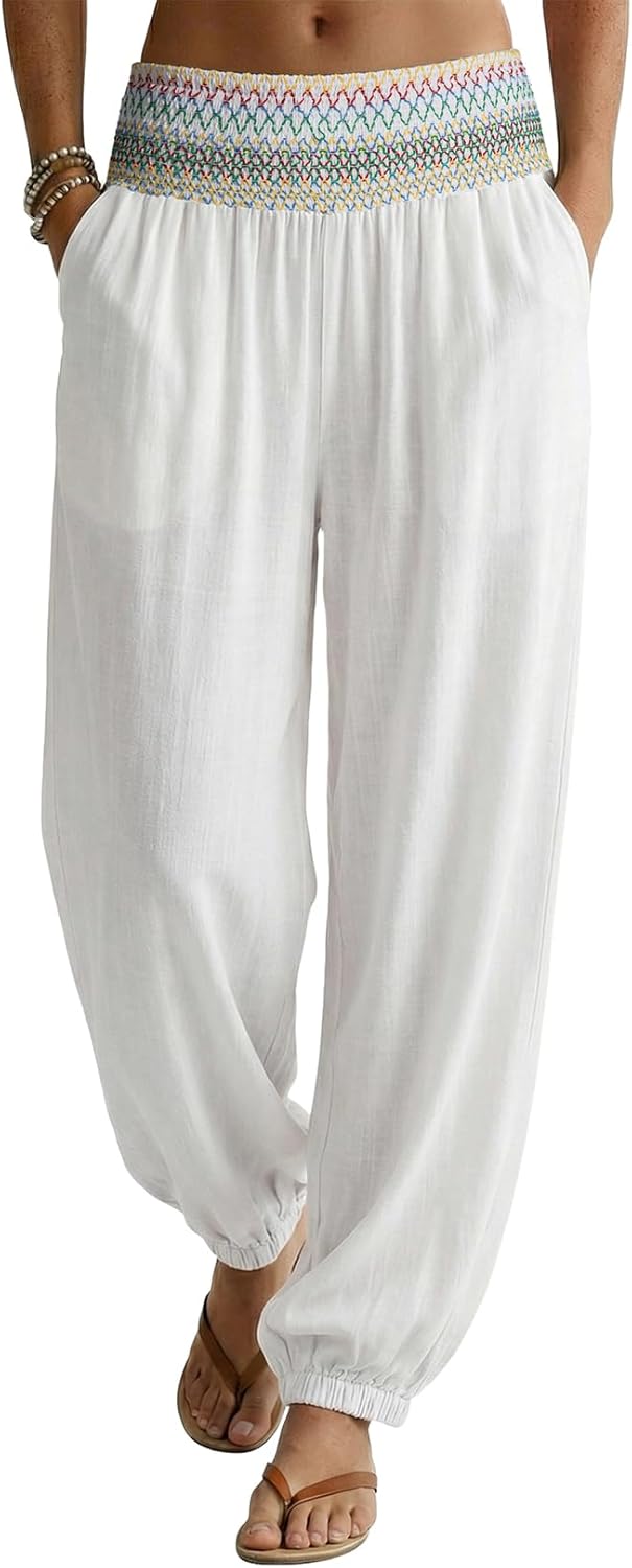 Dokotoo Beach Pants for Womens Vacation Summer Outfits Smocked Waist Harem Boho Flowy Wide Leg Hippie Pants with Pockets