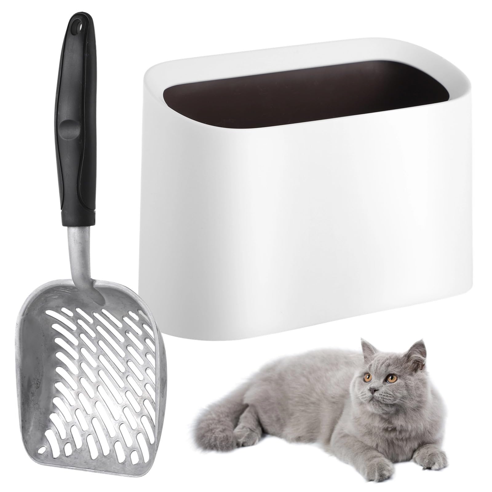 Katzenstreu Schaufel und Halter, große Aluminium Katzenstreu Schaufel mit Auffangbox, schnelles Siebwerkzeug für Katzenstreu mit Halterung für sauberes Arbeiten am Tisch und im Katzenbereich