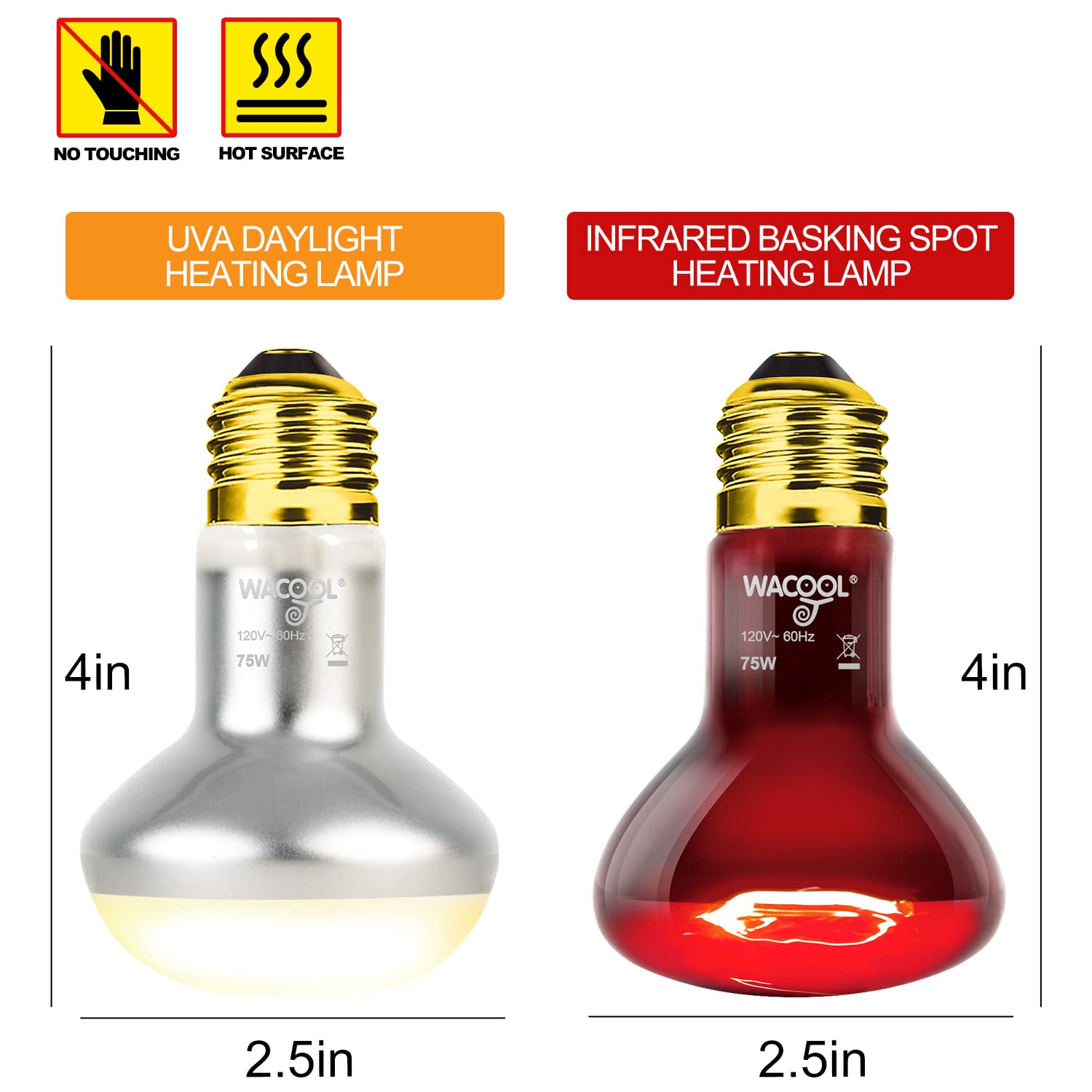 WACOOL 4Pack Reptile Heat Lamp Day & Night Kit 75W, Nature Simulated Basking Daylight & Nightlight UVA Heat Lamp Bulbs for Reptiles & Amphibians - image 3