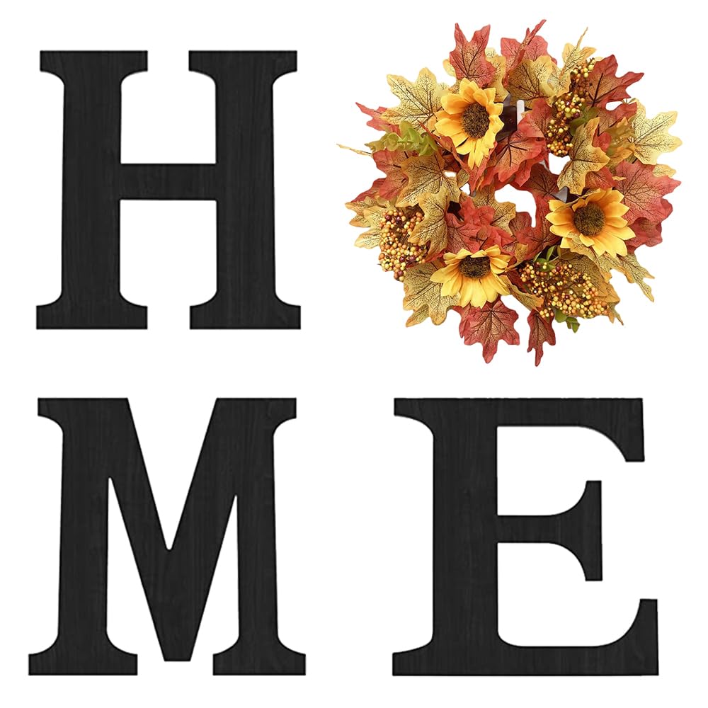 Wood Home Sign with Artificial Maple Leaf Wreath for O, Hanging Farmhouse Wall House Autumn Decor Wood Letters for Wall Art Rustic Home Decor, Wall Decor for Living Room Kitchen Entryway (Black)