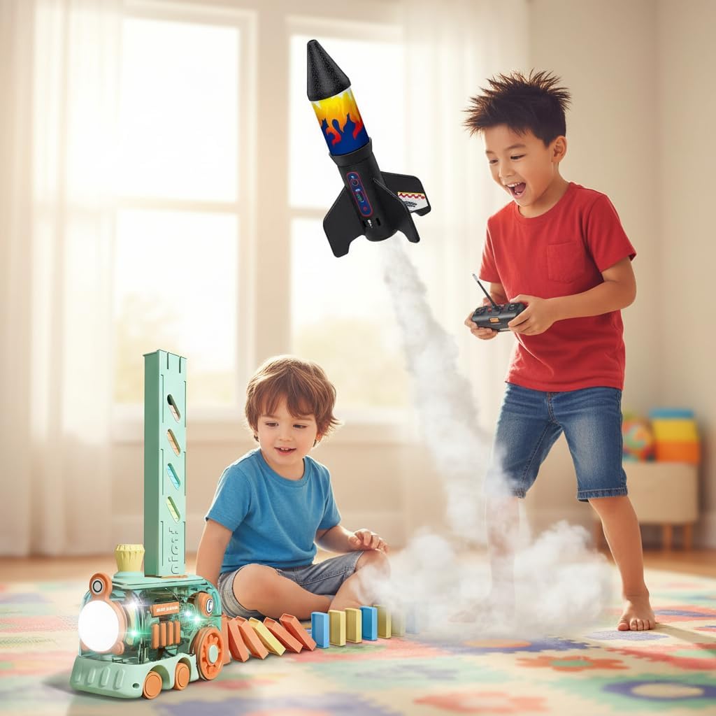 Rocket Launcher Model Rocket Kit Launch Set and Flying Rocket Toy for Outdoor Play for Kids 8-12, combined with a Domino Train Toy 80 PCS Dominos STEM Montessori Lights & Music Gift for Boys and Girls