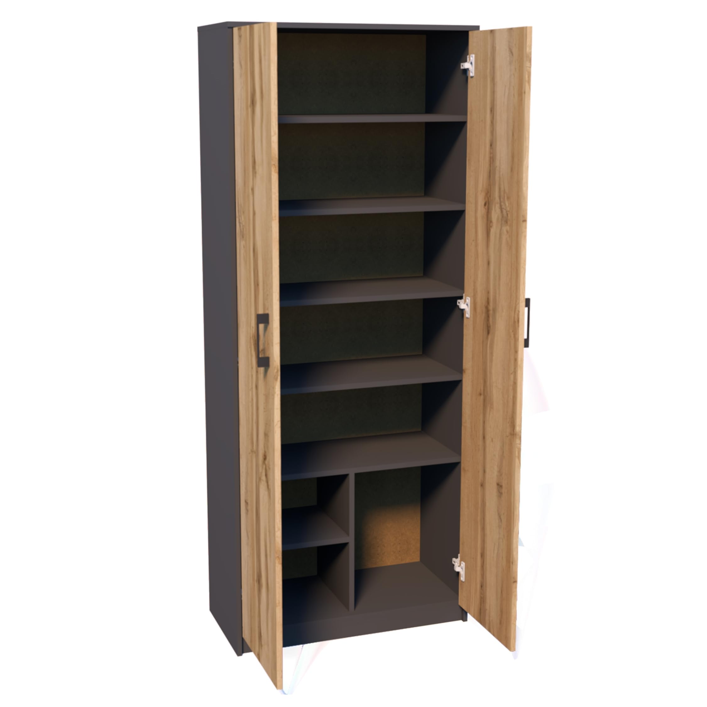 Home Collective Mehrzweckschrank mit 8 Fächern Besenschrank Haushaltsschrank in mattem Finish mit 6 Einlegeböden und 2 Türen 74 cm breit aus Laminatplatte und hochwertigen Polymergriffen graphit Eiche