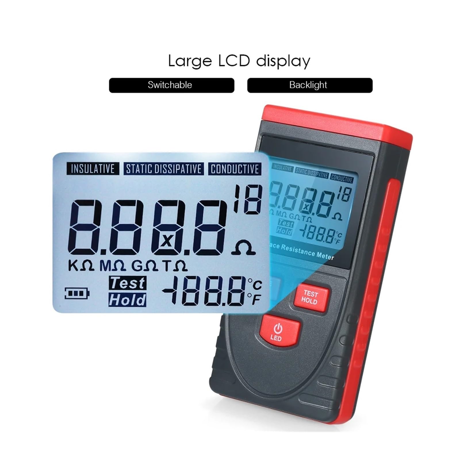 Medidores de Resistencia, Medidor de resistencia superficie portátil con pantalla LCD, medición temperatura, almacenamiento datos, comprobador aislamiento antiestático