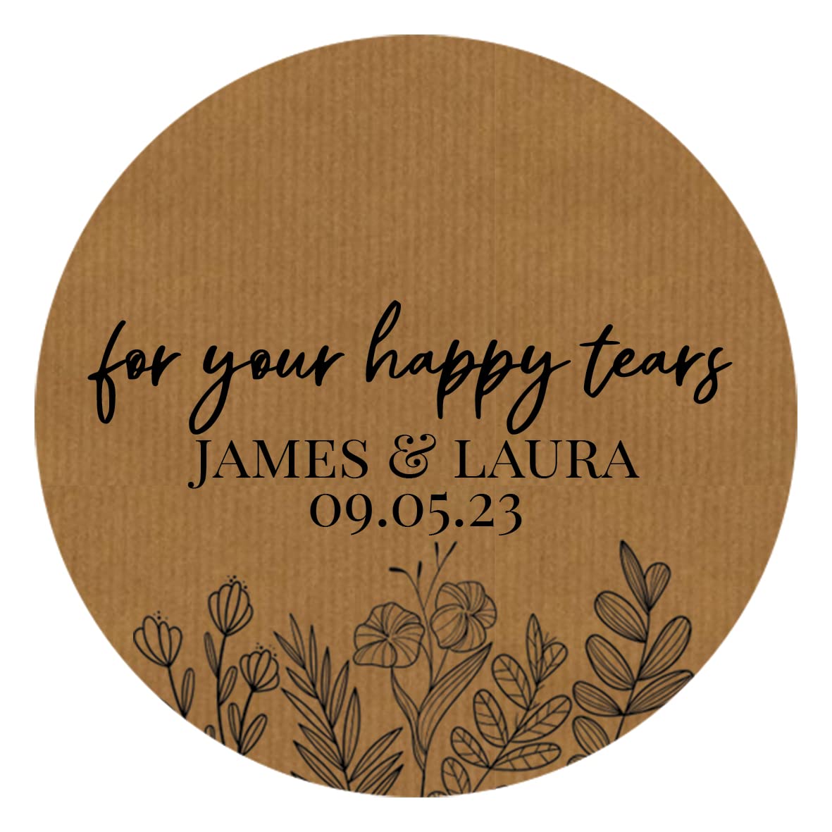 Personalised Floral Happy Tears Wedding Stickers (37mm (35 per Sheet), Happy Tears, Brown)