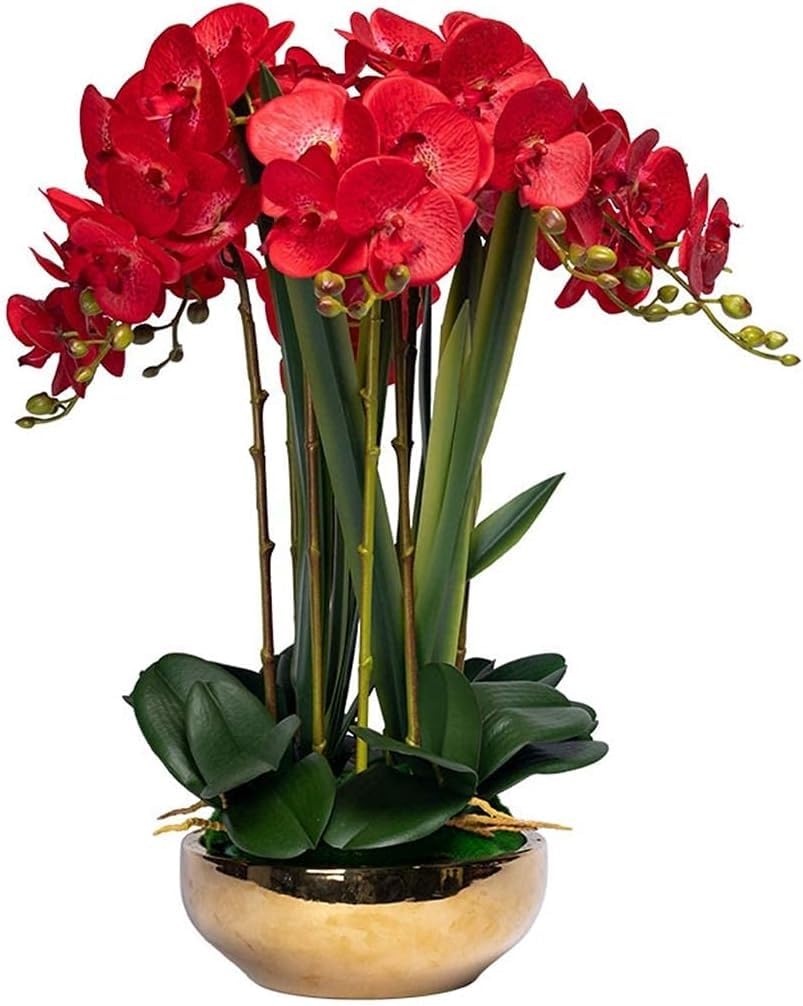 IUokLU Artificial Phalaenopsis Flowers,Fake Orchids Artificial Flower in Pot Artificial Orchid Fake Flowers Phalaenopsis Orchids Faux Flowers with Golden Vase Decor
