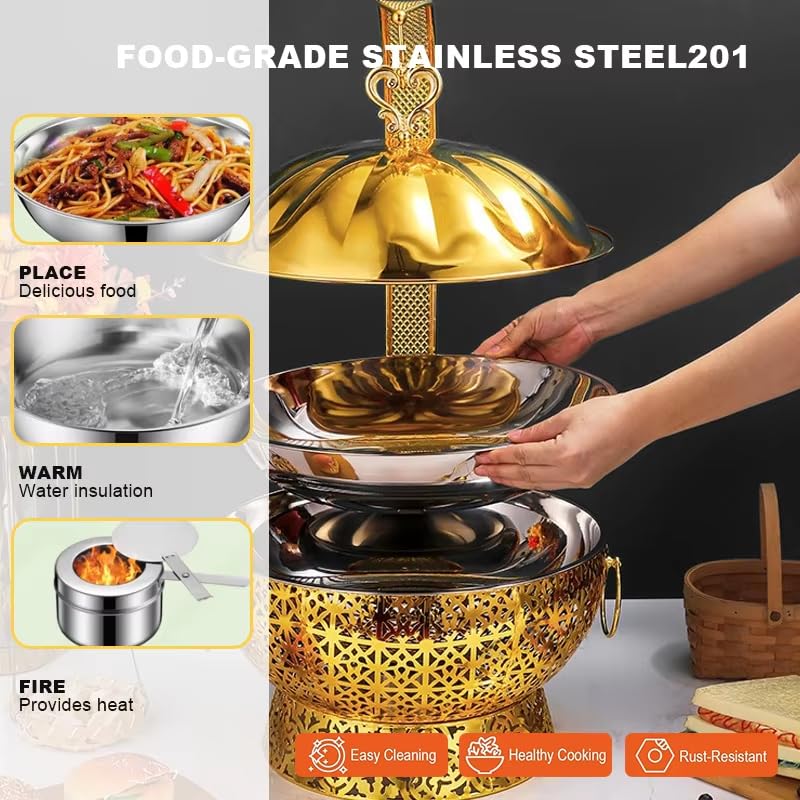 Chafing Dish Buffet-Set 4 Stück, 8 Qt Edelstahl Chafer Buffet Server und Wärmer Sets mit Deckel, runde Aufhängung Typ Chafing Dishes für Partys, Hochzeiten, Catering-Events, luxuriöses Gold