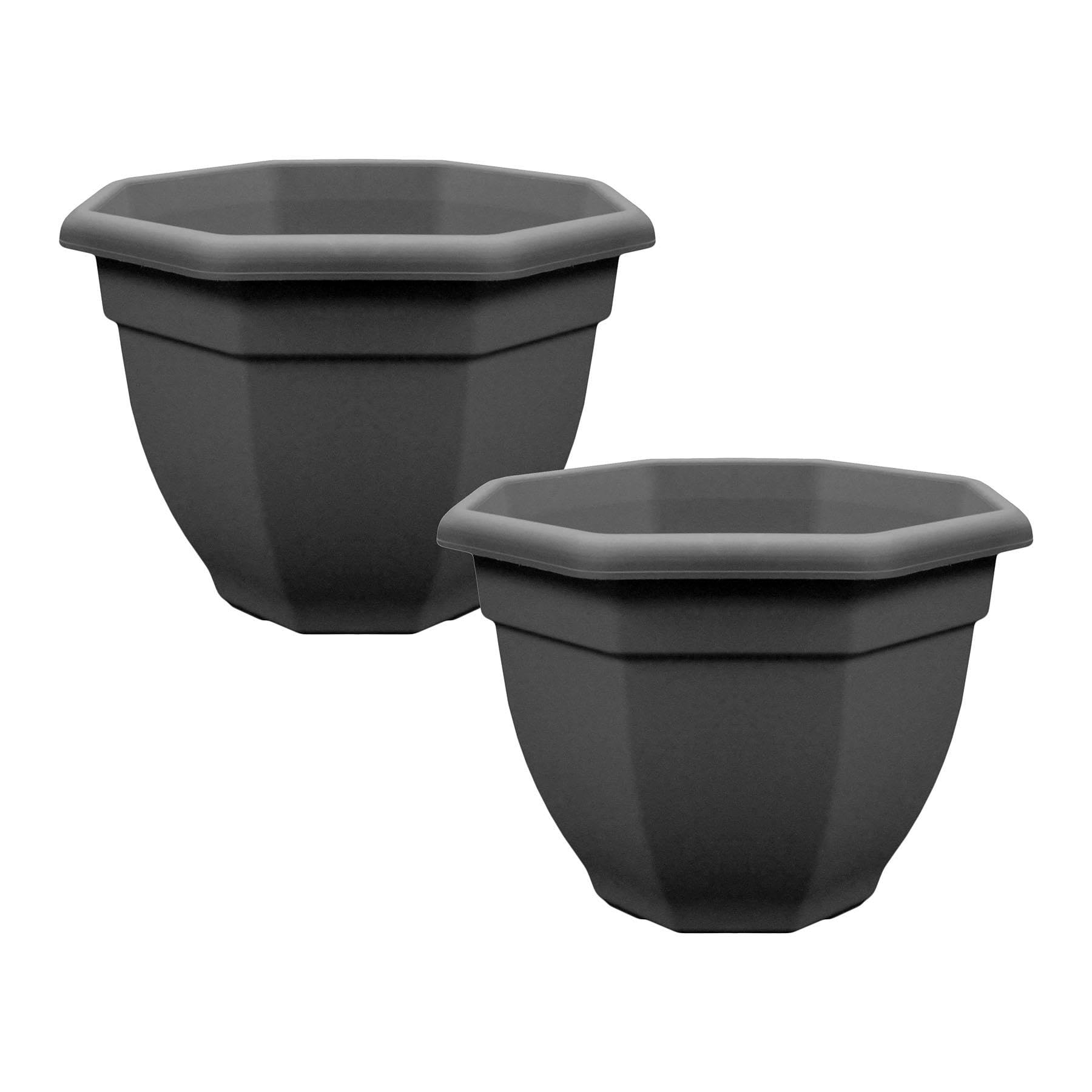 simpa Octagonal Black Plastic Planter Pot: 36cm Diameter Pot - Set of 2