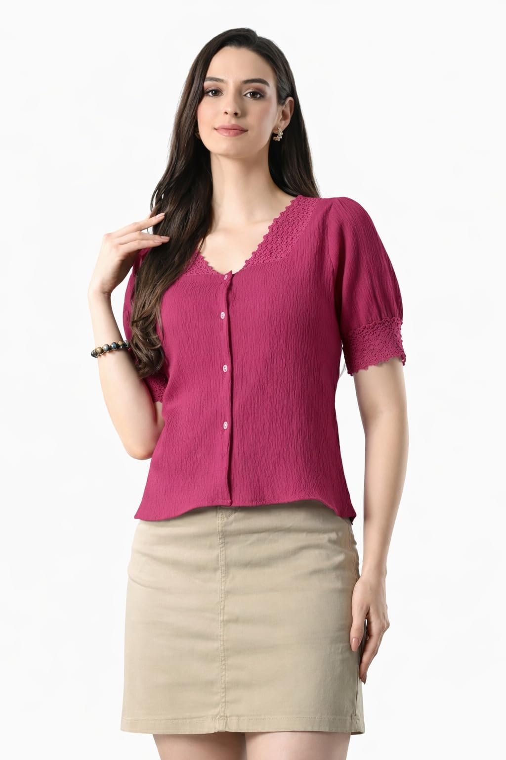 simplesio attire Women V Neck Top with Button Front Puff Sleeves Crochet Lace Trim | Breathable Casual Blouse Shirt for Women | Summer Crop Top for Girls | Daily use Office College-picture-46