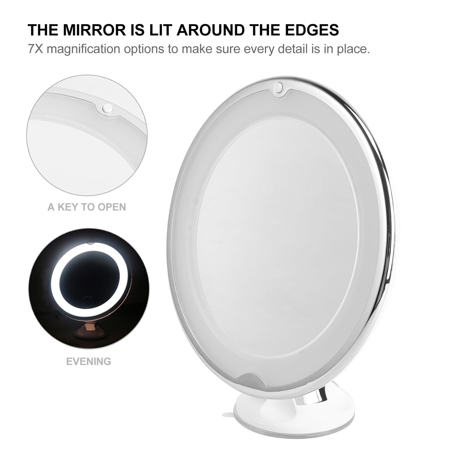 ibasenice Specchio per Trucco Tondo 7x con Illuminazione LED e Ventosa Bianco in Vetro per Bagno e Uso Personale