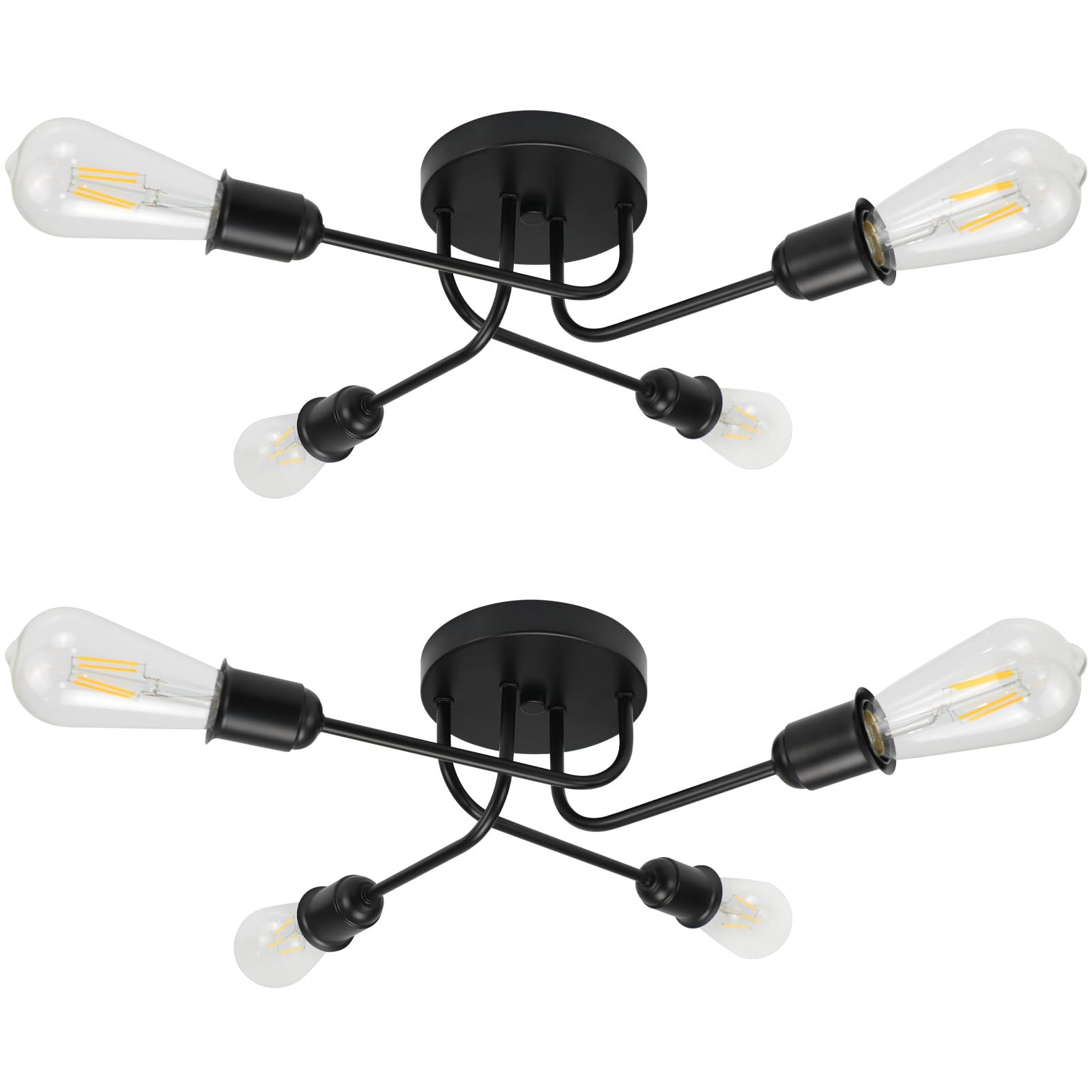 CBJKTX 2ER Deckenleuchte Vintage Deckenlampe Schwarz - Retro 4 Flammig Wohnzimmerlampe Industrie E27 für Wohnzimmer Schlafzimmer Esszimmer Rustikaler Stil ohne Leuchtmittel