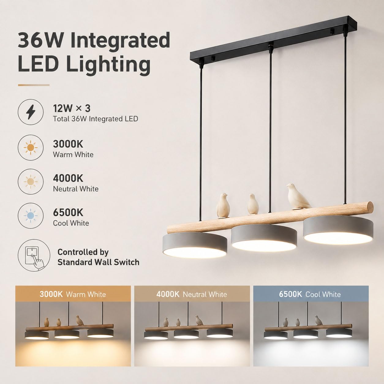 Lampadario Cucina Moderno LED 36W, Legno, Sala da Pranzo | LED 36W, 3000K/4000K/6500K, Cavo Regolabile 1 m, Ferro Legno Resina, Decoro Uccello, per Cucina e Sala da Pranzo