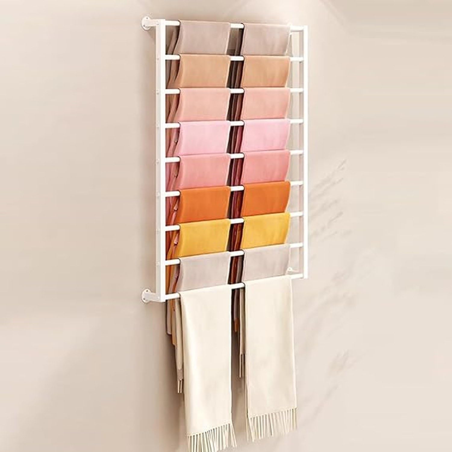 Wieszak na szaliki ścienny organizator 47cm na apaszki chusty krawaty jedwabne, zdejmowany poprzeczny drążek, złoty stojak dom komercyjny, White, W80cm/31.5" x H120cm/47.2"