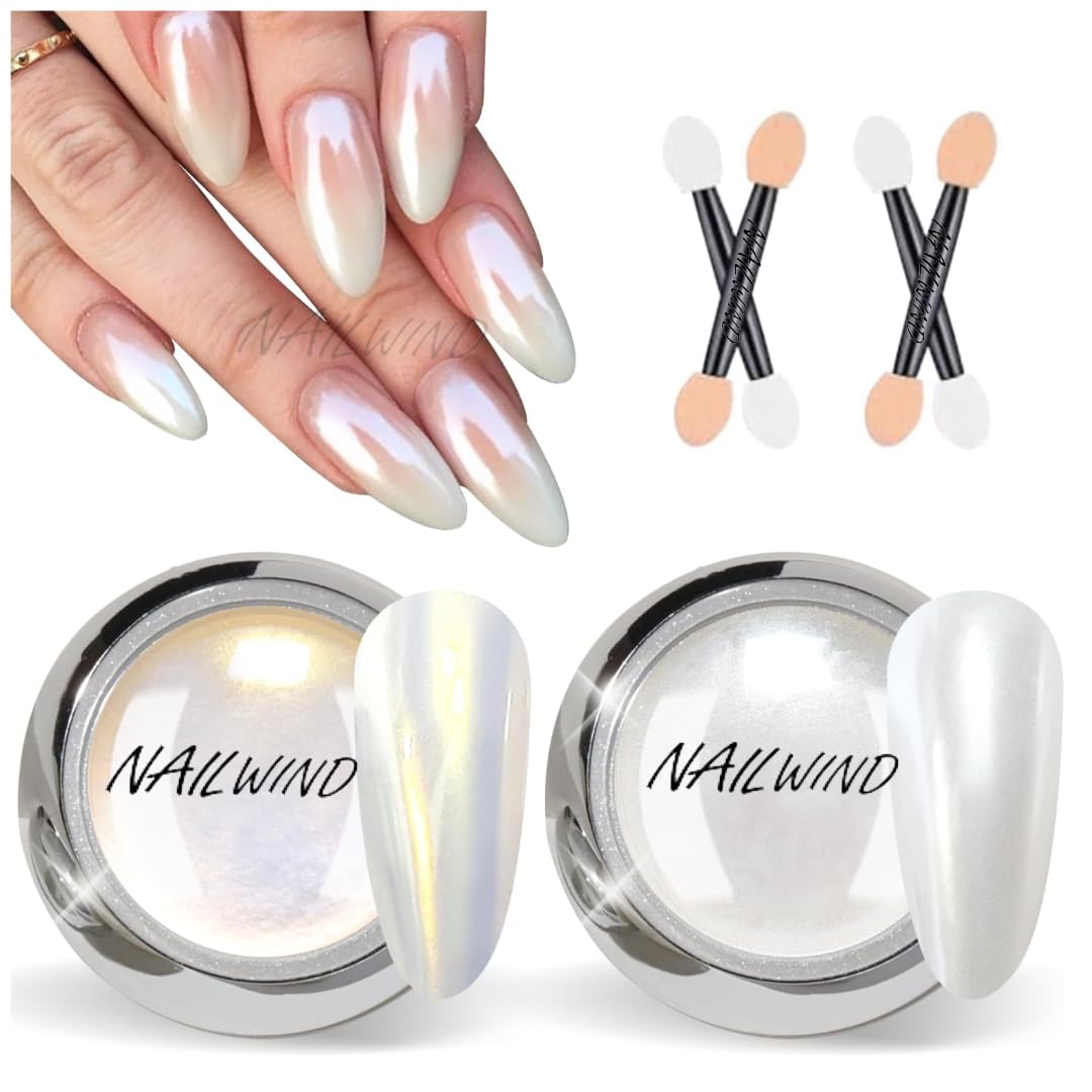 NAILWIND White Pearl Chrome Nail Powder - 1 Pcs Mirror Effect Aurora Magic Pearlescent Nail Jewelry Mirror Glitter Nail Chrome Powders Holographic Pigment, Mermaid Pearl Aurora Dust Nail Powder