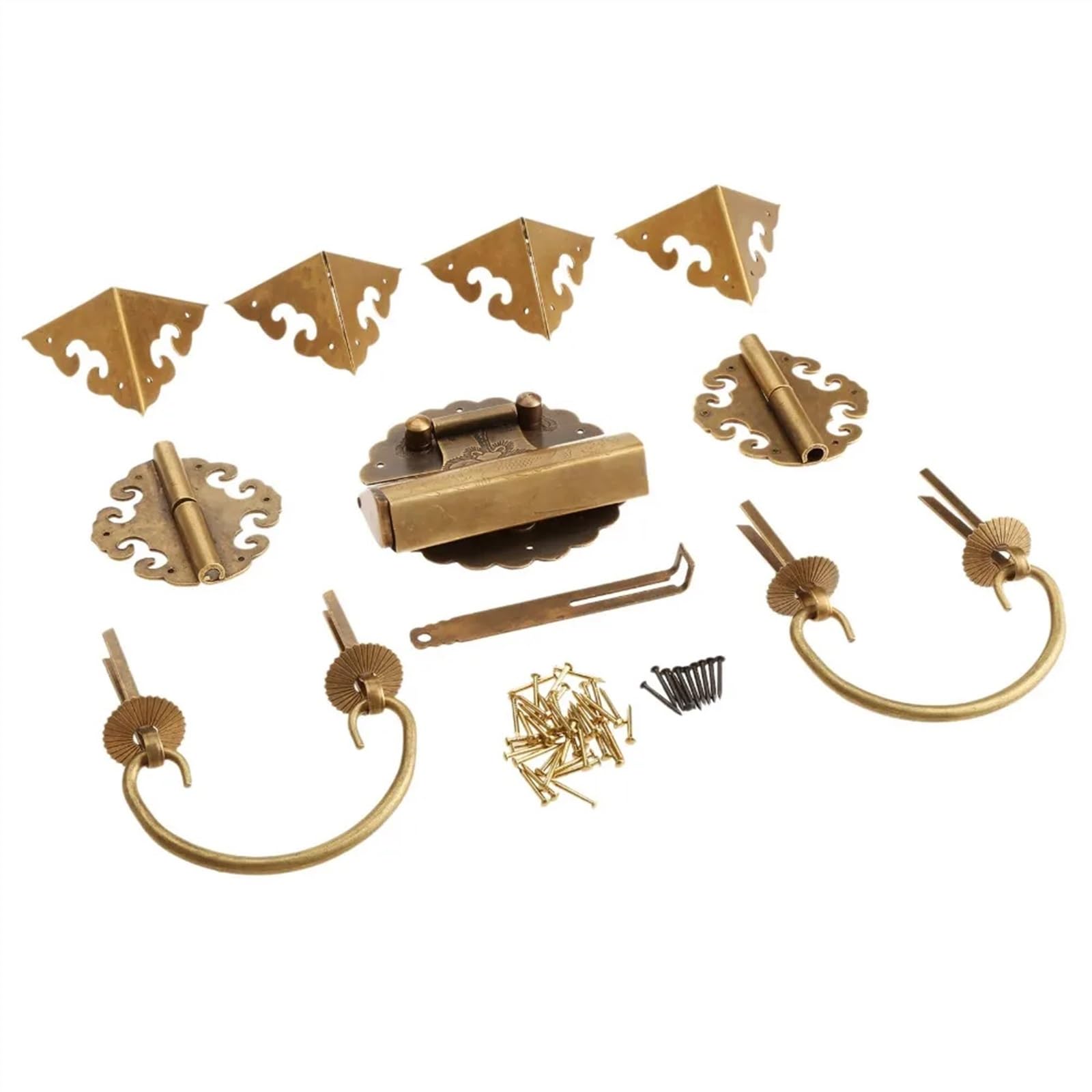 Juego de herrajes for Muebles de latón, perillas y manijas de Caja de Madera, bisagras, pestillo, Cerradura, Pasador en Forma de U y Protector de Esquinas