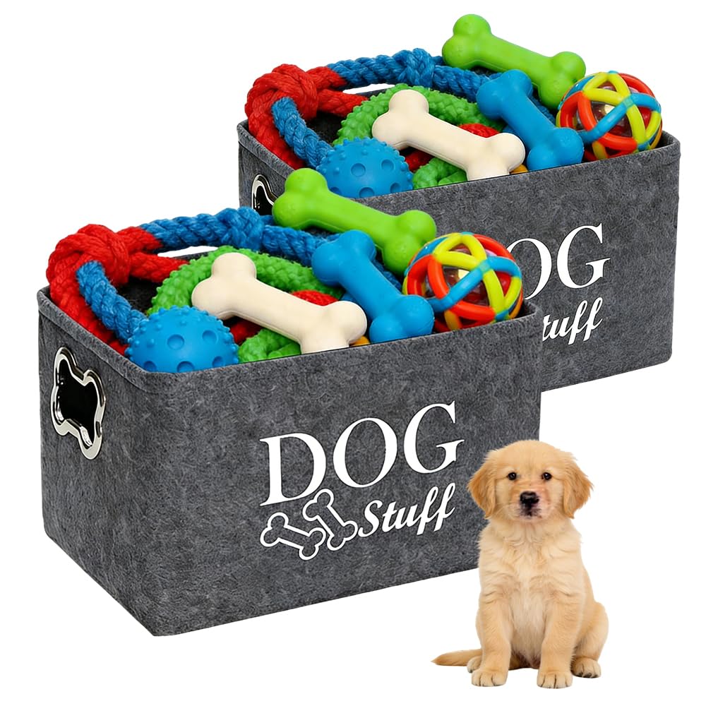 Zmcvoe Grey 2Pcs Dog Toy Box, Dog Toy Storage With Metal Handle, Thickened Felt Stuff Dogs Toy Basket, Cute Dogs Toy Box, Toy Boxs For Dogs Toys, Clothes, Accessory (Grey)