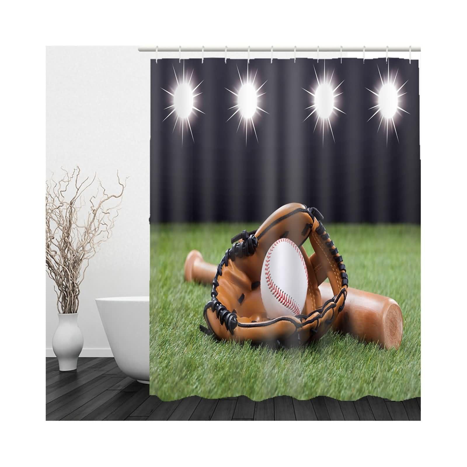 Duschvorhang Camping Badevorhang Ringe Baseball Spielen Stoff Hotel Badvorhanghalter Weiß Schwarz Grün Braun Perfekt Für Familienbäder 220x180cm