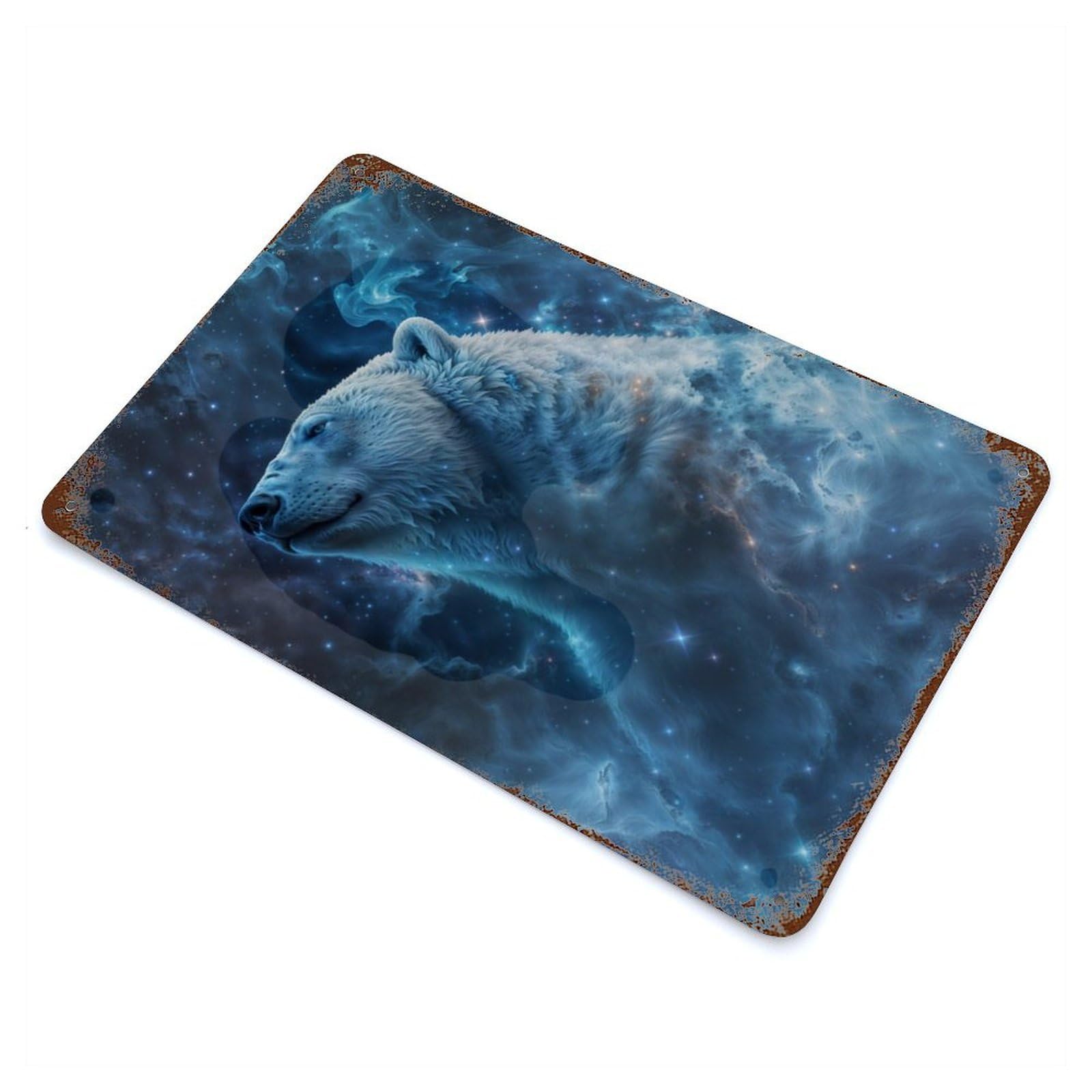 Cosmic Nebula Polar Bear 2 11.8"x7.9" Distressed Metal Wall Sign, Retro Wall Decor for Garage, Bar And Workshop Decor