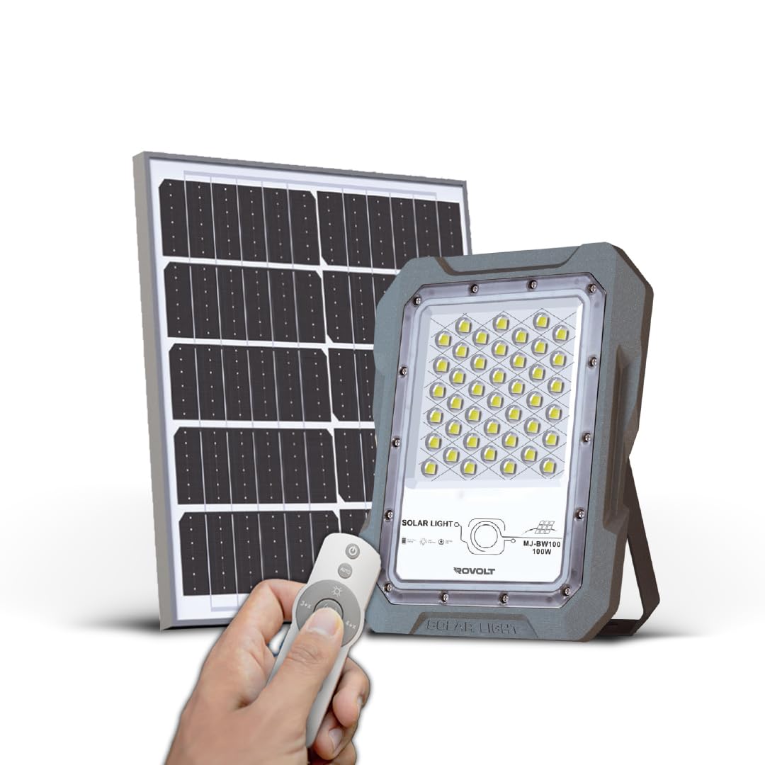 rovolt led 100w solar flood light with remote control & motion sensor | aluminium water proof body | 15000 mah lifepo4 battery solar security flood light | 1 year warranty