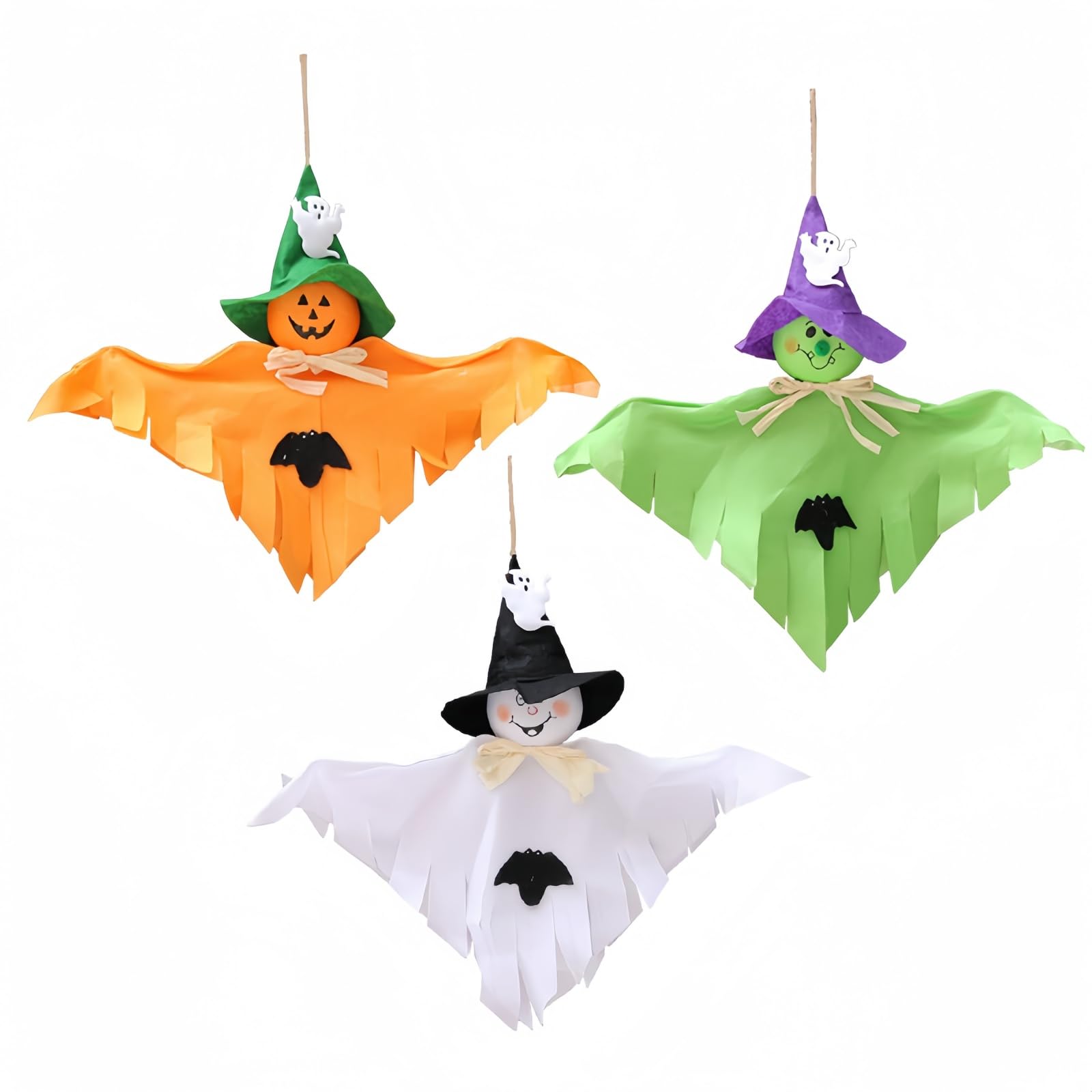 Vasitelan 3 Pack Hanging Ghost Decorations, Halloween Accessories Ghost with Hats for Haunted House Graveyard Scene, Spooky Indoor and Outdoor Decor