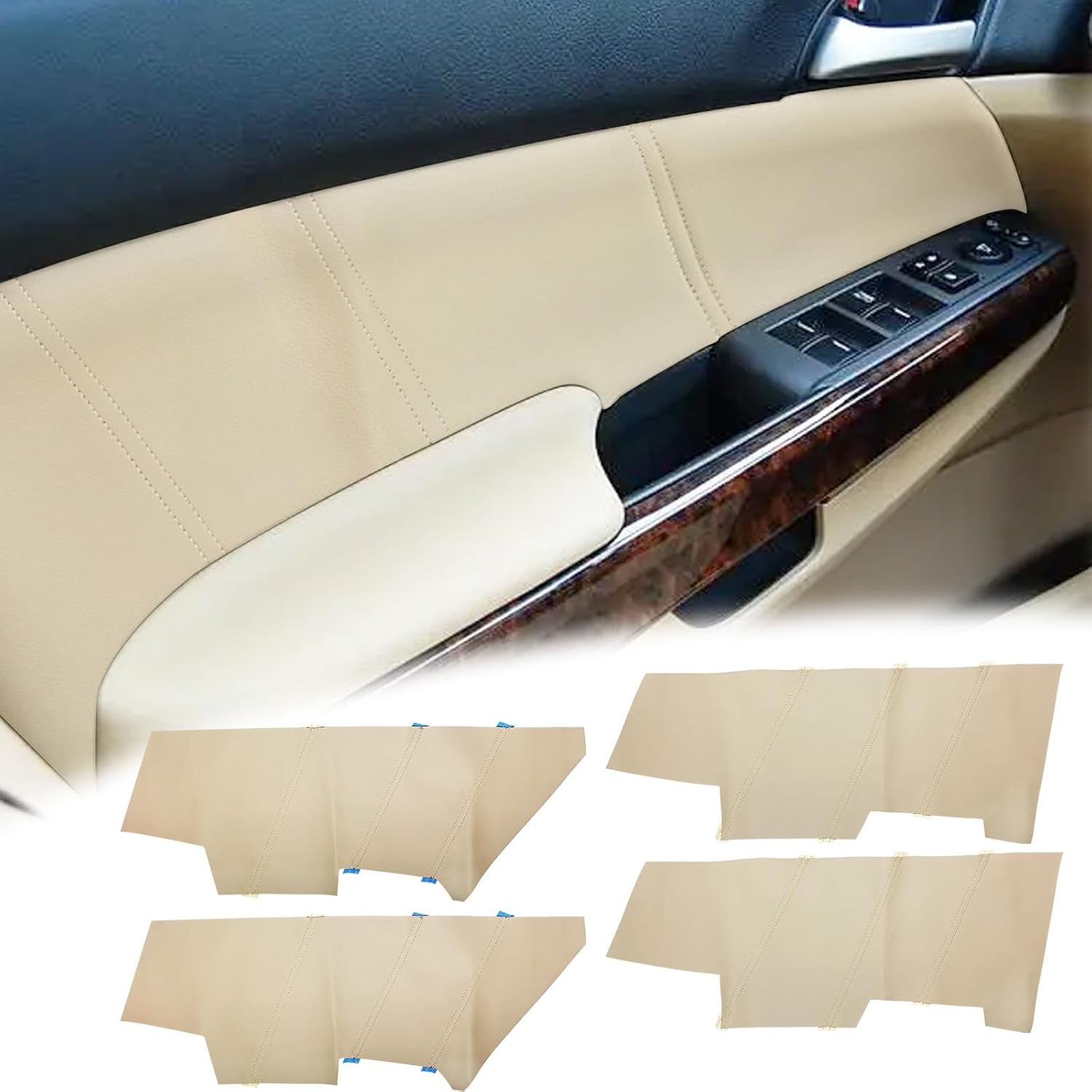 4PCS Door Panel Cover Compatible with Honda Accord 2003-2007 Front and Back Vinyl Leather Insert Cards Protector Trim Beige (Only Leather Part)