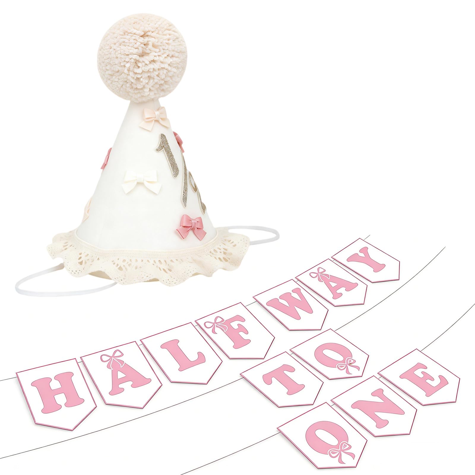 pozuauoa 2 Pcs 1/2 Birthday Hats and Banner Set, Party Hats Half Birthday Decorations, Half Way to One Banner 6 Months Birthdays Decorations for Photo Props Birthdays Decoration