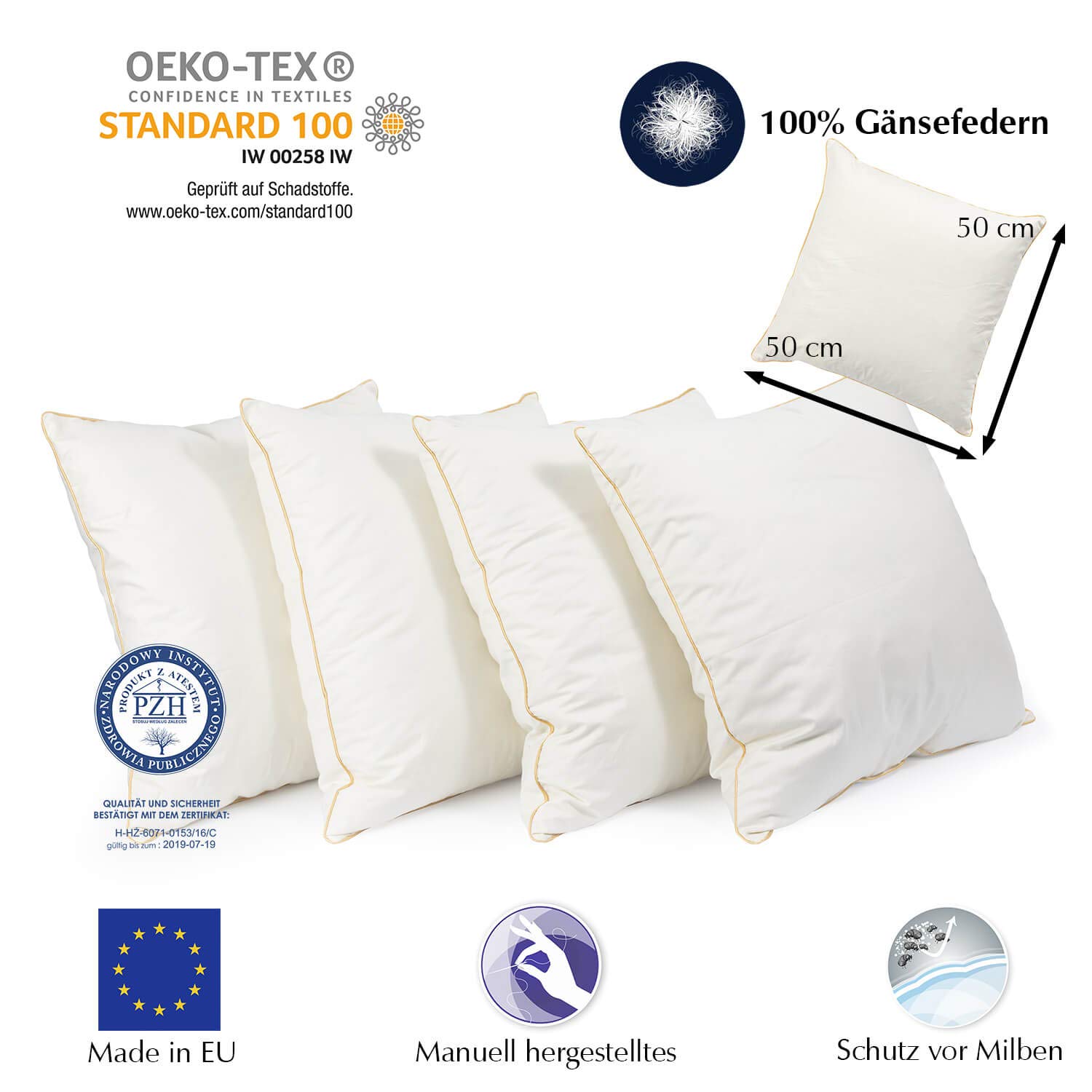 H&F Heimtextilien 4er Set Federkissen 50x50 cm | 700g Kissenfülung 100% Federn | Kissen mit OekoTex Zertifikat | Bezug: 100% Baumwolle