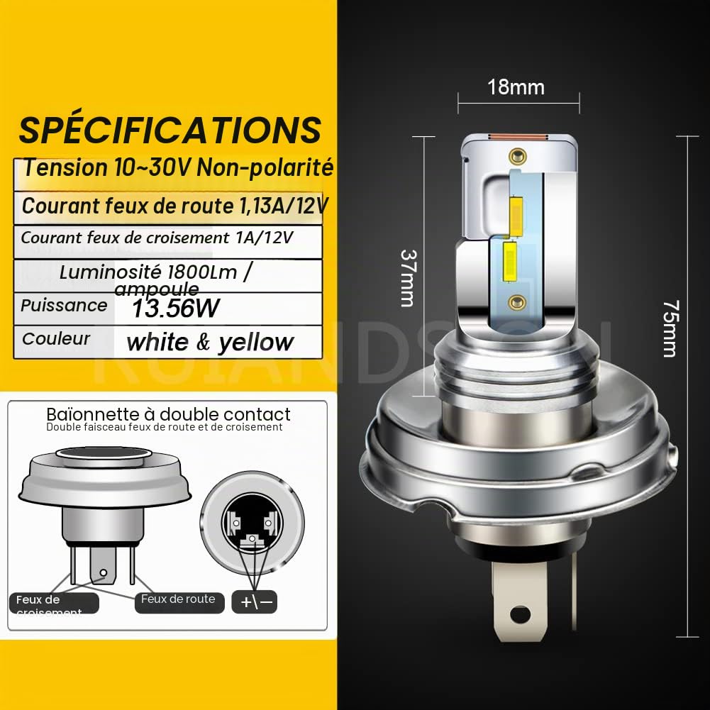 Ruiandsion P45T H5 R2 Ampoule de phare LED blanche/jaune DC 10-30V Super lumineuse avec puces LED CSP 4SMD pour phare avant auto moto