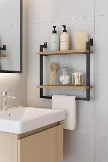 40x20 cm Banyo Rafı, Duvara Monte Havluluk, 2 Katlı Dekoratif Düzenleyici Organizer, Siyah Metal (Çam)