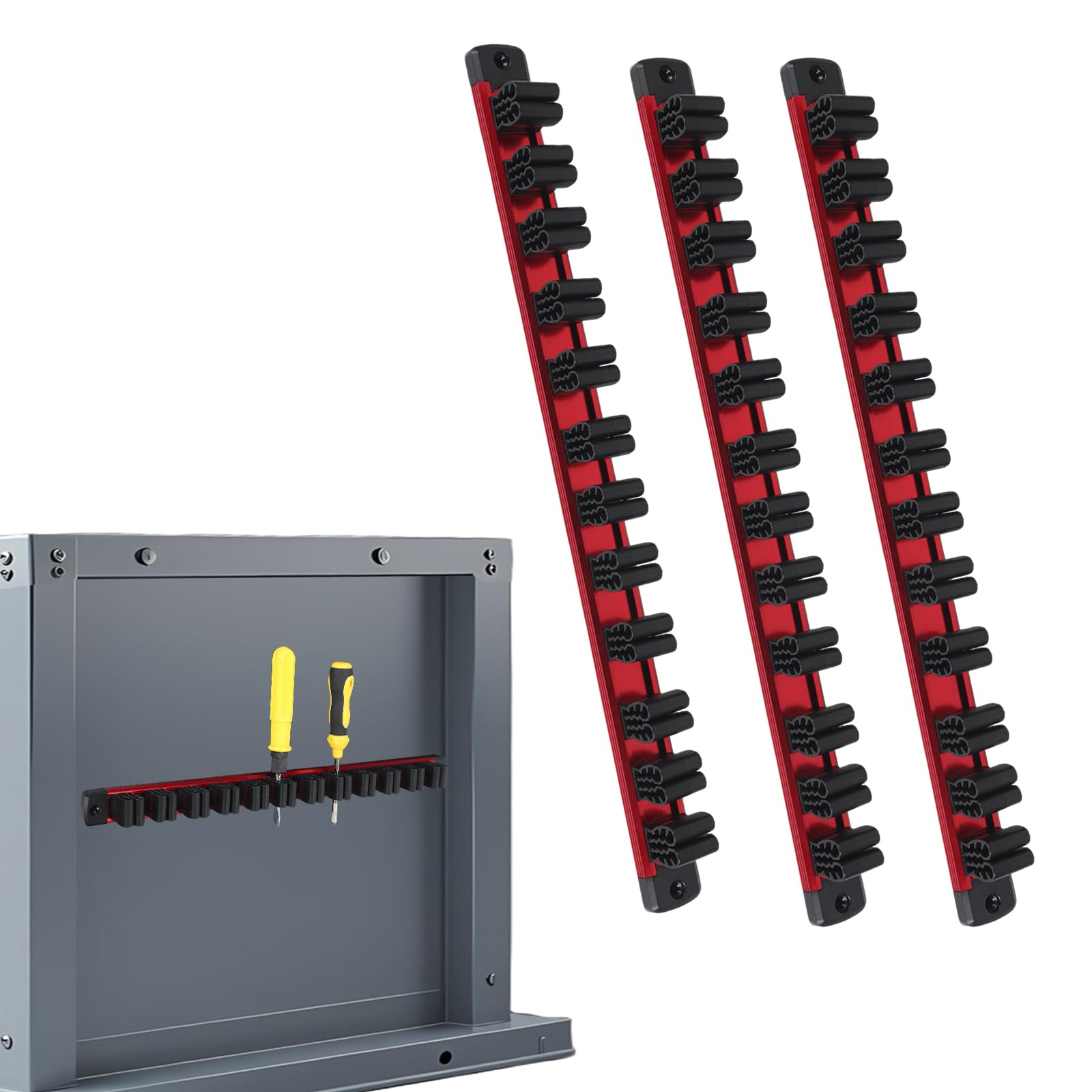 KMDZDZGS Set of 3 Magnetic Tool Holder Rack, Magnetic Spanner Organiser & Screwdriver Holder, Heavy Duty Aluminum Rail Wrench Hanger with 12 Sliding Clips for Garage & Workshop (Red)