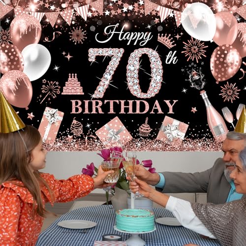 Image of Avezano Happy 70th Birthday Banner for Women Black and Rose Gold Glitter Balloon 70 Birthday Party Backdrop 70 Year Old Bday Photo Backdrop Party Supplies 70.8 x 43.3 Inch
