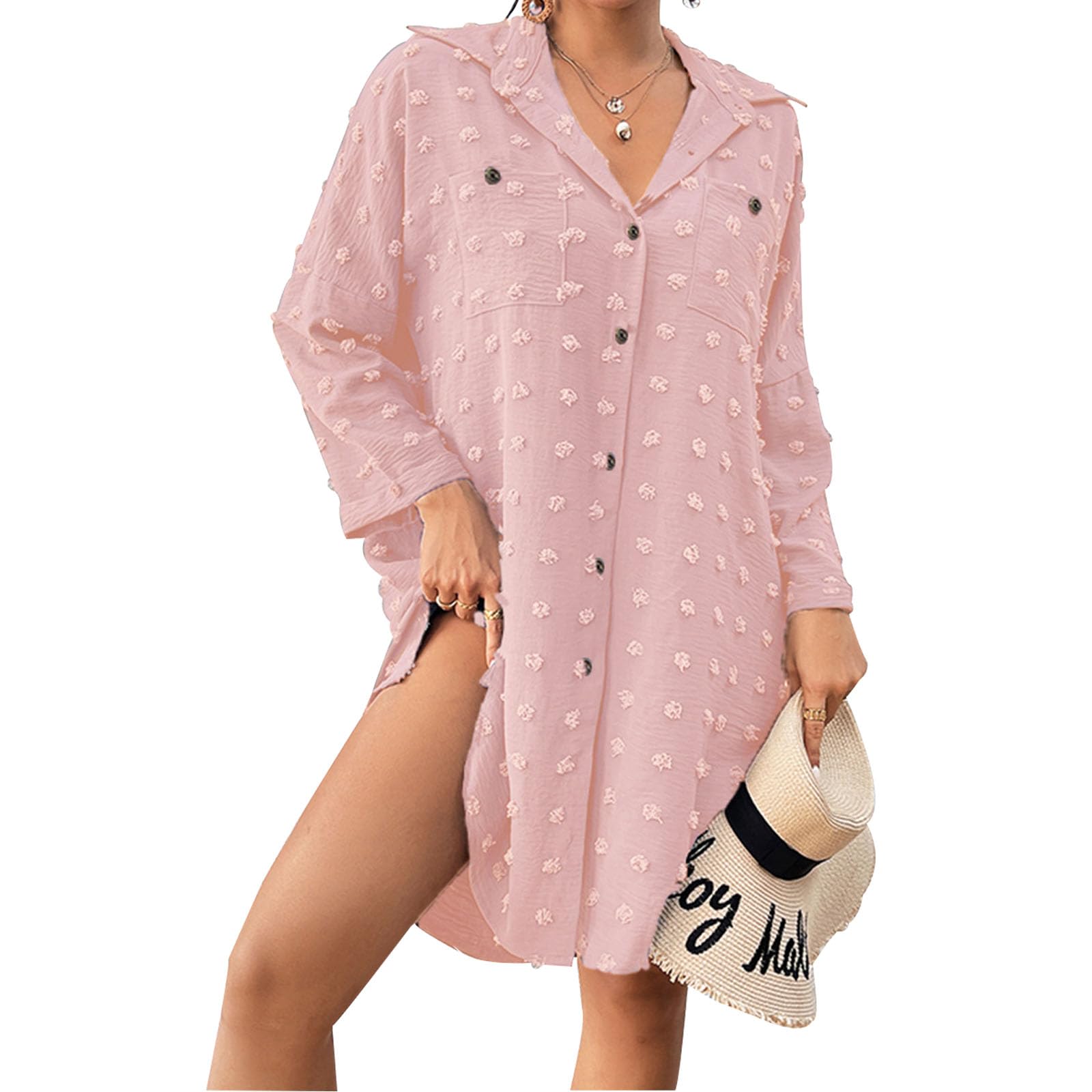 Baynetin Vestido con Botón Mujer Verano Camisas Mujer Largos Traje de Playa Casual Blusa de Cuello en V Manga Larga Traje de Baño Bikini Cover Up de Botones