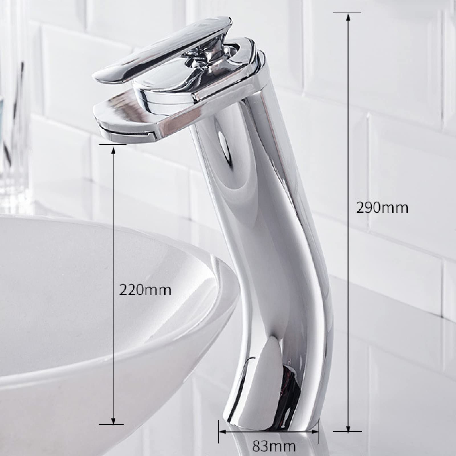 Rubinetto Miscelatore per lavabo da Bagno a Cascata, Cromato, in Ottone Massiccio, con erogazione di Acqua Calda e Fredda, monocomando Alto (Dimensioni: Alto)