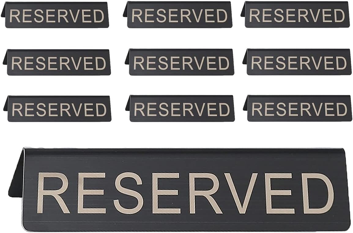 10PCS Reserved Table Signs, Stainless Steel Table Top Reserved Sign for Restaurants, Wedding, 5x21cm Tent Table Sign Double Sided Display Reserved Table Signs Metal (Gold 10pcs 21 x 5 cm)
