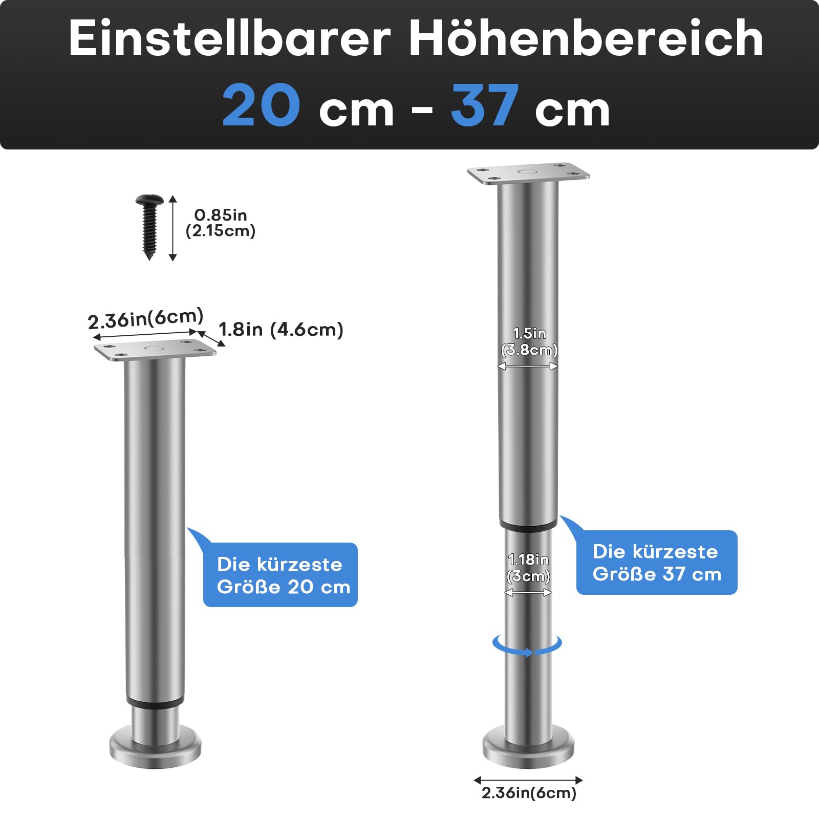 VETIN 4 piedini per mobili regolabili, altezza regolabile 20 – 37 cm, in metallo e acciaio inox, gambe per mobili per armadio, TV, letto, comodino, sedia da bagno