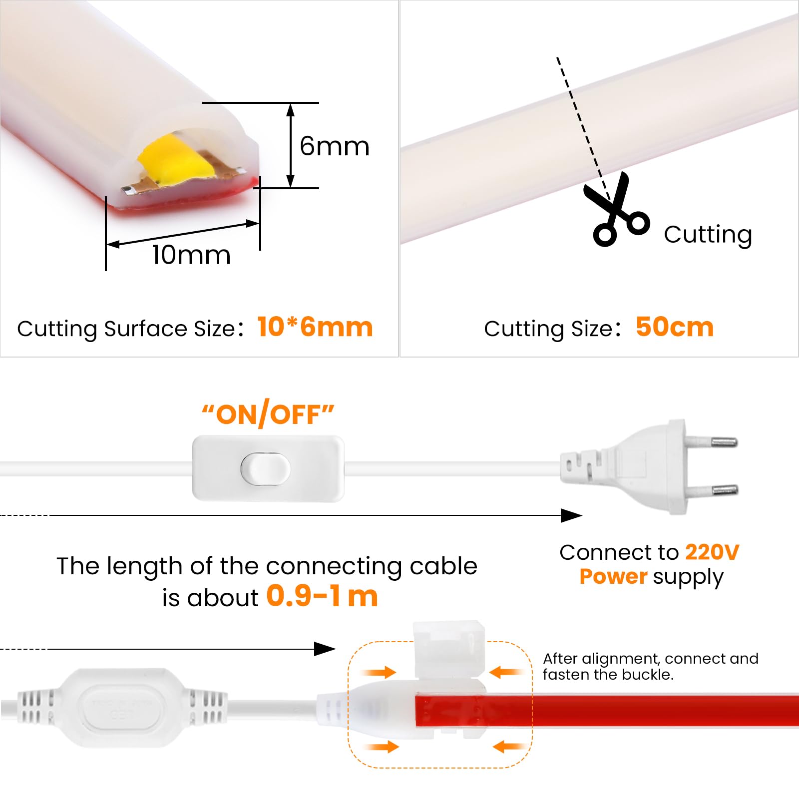 KISUFU 230V COB LED Streifen, 288LEDs/m Superhell Hohe Dichte IP65 Wasserdicht 50CM Schneidebar Doppelseitiges Band Neon LED Lichtband Light Strip für DIY Innen-und Außenbeleuchtung Projekte