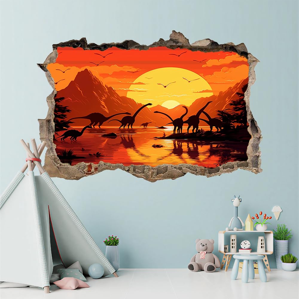 3D Wandtattoo Wanddurchbruch, Sonnenuntergang Am Dinosaur Lake Durchbruch Wandaufkleber für Kinderzimmer, sticker für Wohnzimmer, Naturlandschaft Wandsticker, Wandbild Junge Mädchen Schlafzimmer