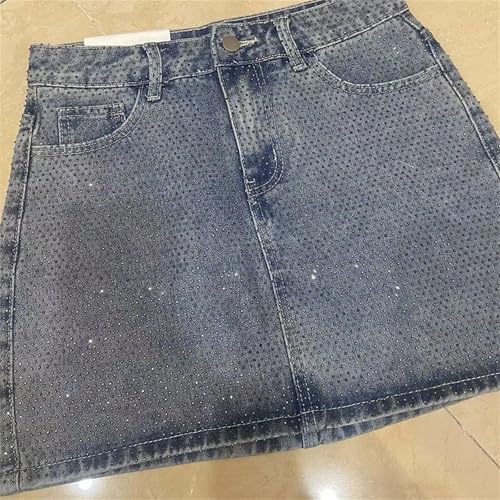 Women Rhinestone Mini Denim Skirts Fashion Diamonds High Waist A-Line Jean Skirt2